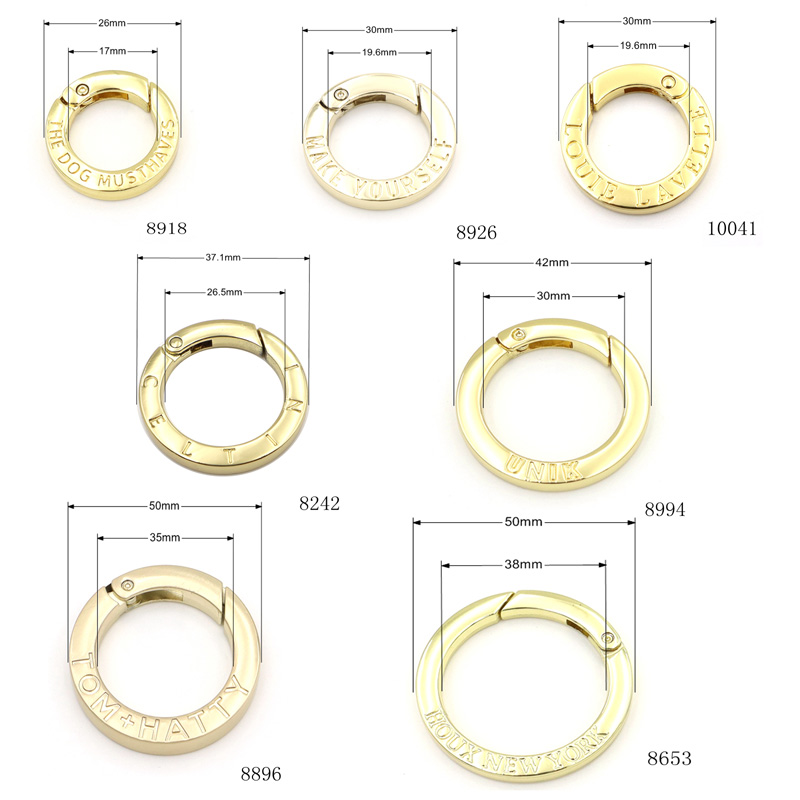 Custom Spring Ring Buckle Zinc Alloy Metal Open O Ring, OEM ODM Embossed Logo Spring O‑Ring, Custom Engraved Metal Snap Ring for Handbag Hardware Accessories
