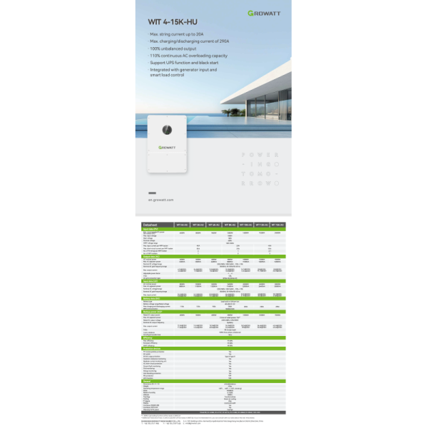 Growatt Three Phase WIT 8-15K-HU Hybrid Solar Inverter 8KW 10KW 12KW 15KW Suitable for Home Use Inverter