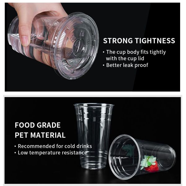 12 16 24 Oz PET Cold Drink Plastic Cold Cup with Flat Lid for Smoothies