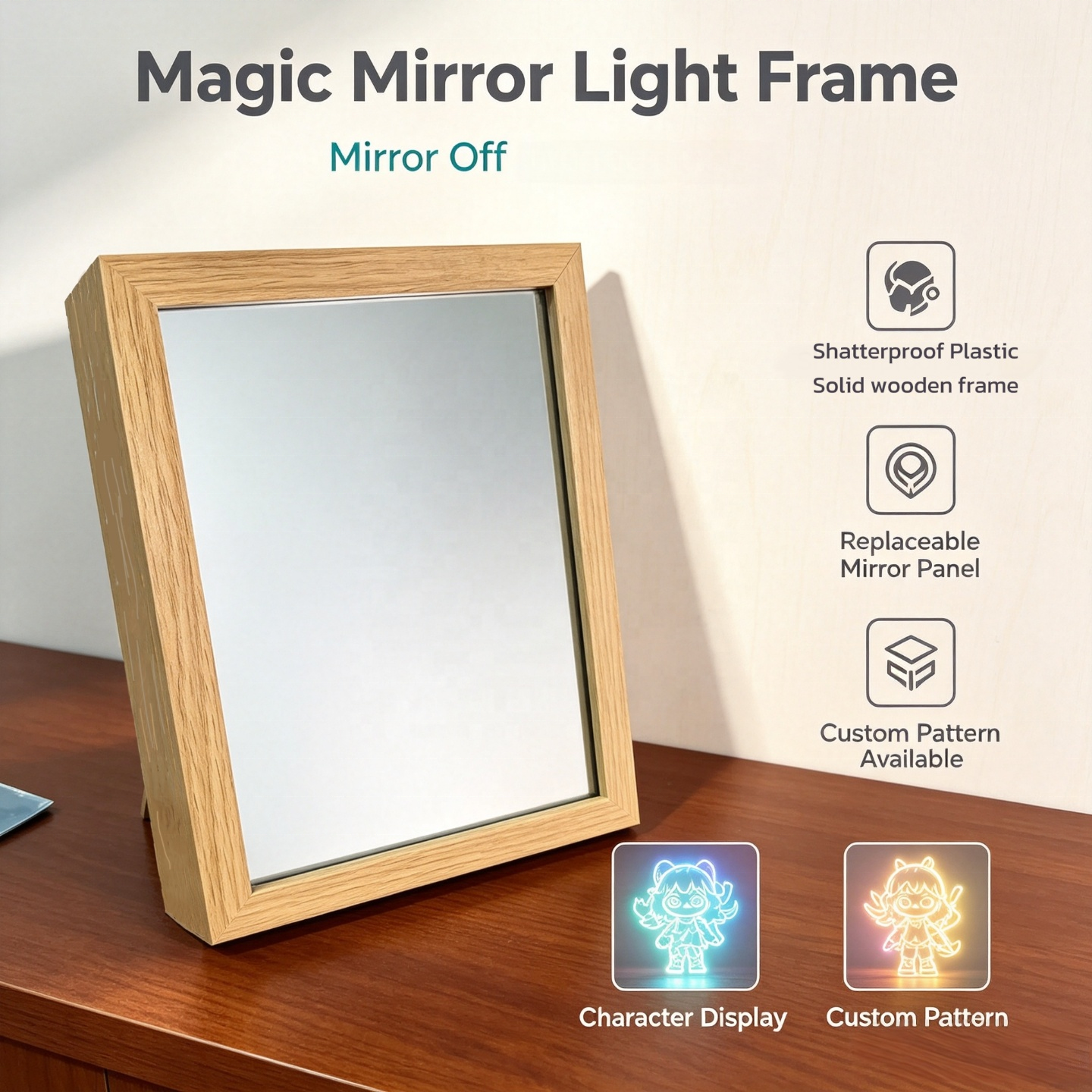 Custom Wooden Magic Mirror LED Light Frame Two-way Mirror Table Night Light Decor Photo Frame With Printed Pattern