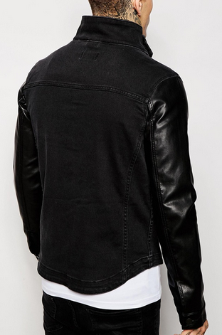 Stand Collar Leather Sleeve Mens Flight Jacket Cotton Denim Biker Jacket Breathable