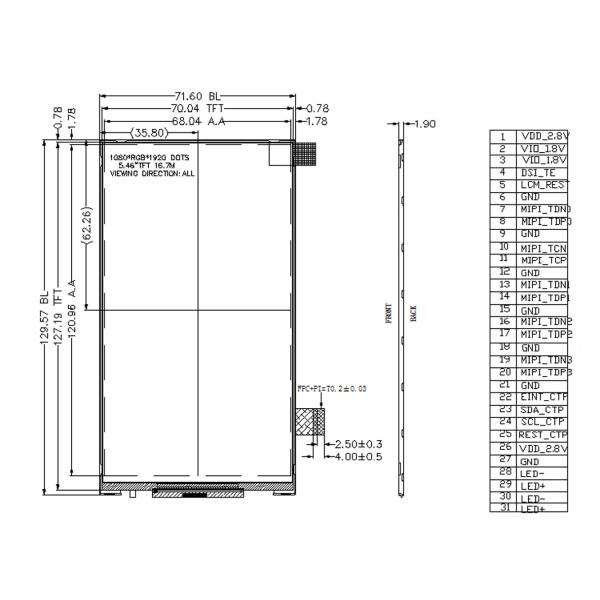 5.5 дюймовый дисплей LCD-модуля, разрешение 1080x1980, 31 PINS 4 LANE MIPI интерфейс, 800cd/M2
