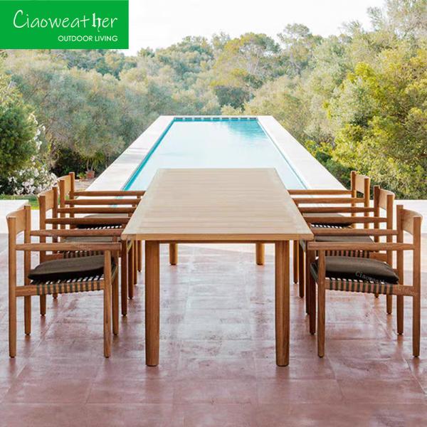 Modern Hotel Outdoor Furniture Set PE Rattan Solid Teak Wood Courtyard Chair and Garden Dining Table with Outdoor Cushion