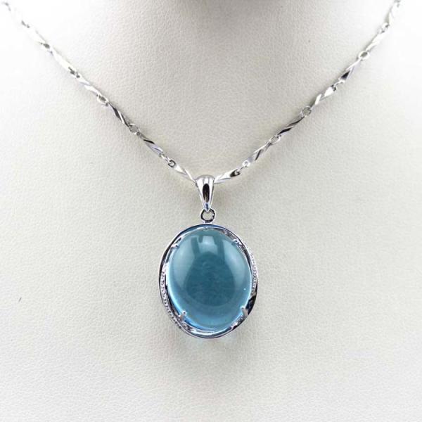 Women Fashion Oval Dome Blue Topaz Cubic Zircon Pendant 925 Silver Chain Necklace (PSJ0187)