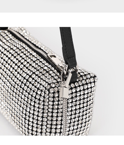 15cm Mini Shoulder Purse Black Strap Silver Diamond Bag