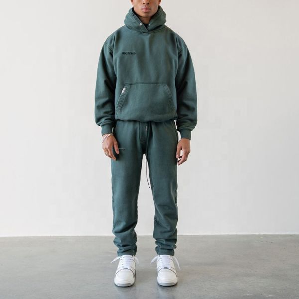Custom Logo Cotton Vintage Elasticated Zip Pockets Washed Unisex Distressed Jogger Men Tracksuit Sweatsuit