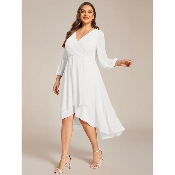 Plus Size Ruffled A-line Long Sleeve V-neck High Low Wedding Guest Navy Blue Chiffon Bridesmaid Dress