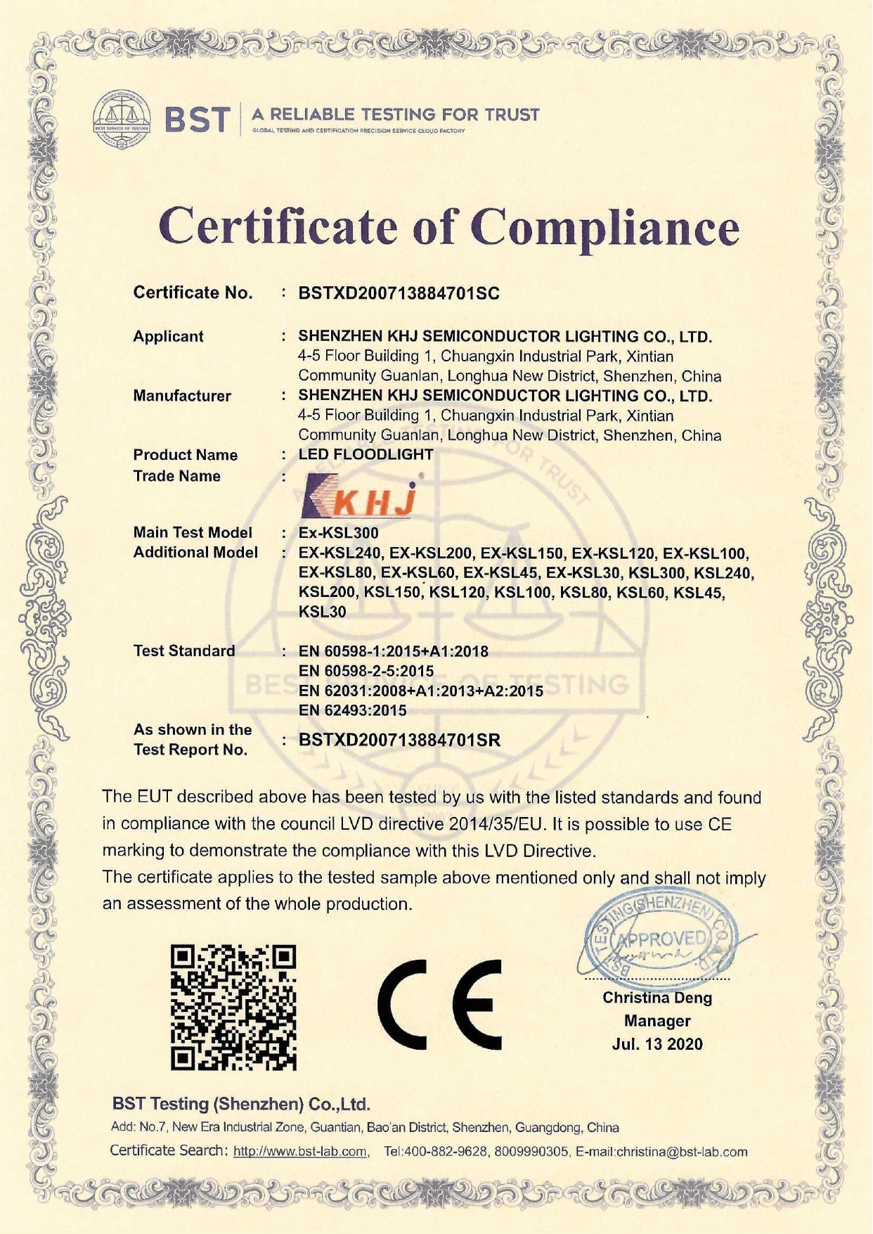 Shenzhen KHJ Semiconductor Lighting Co., Ltd Сертификации