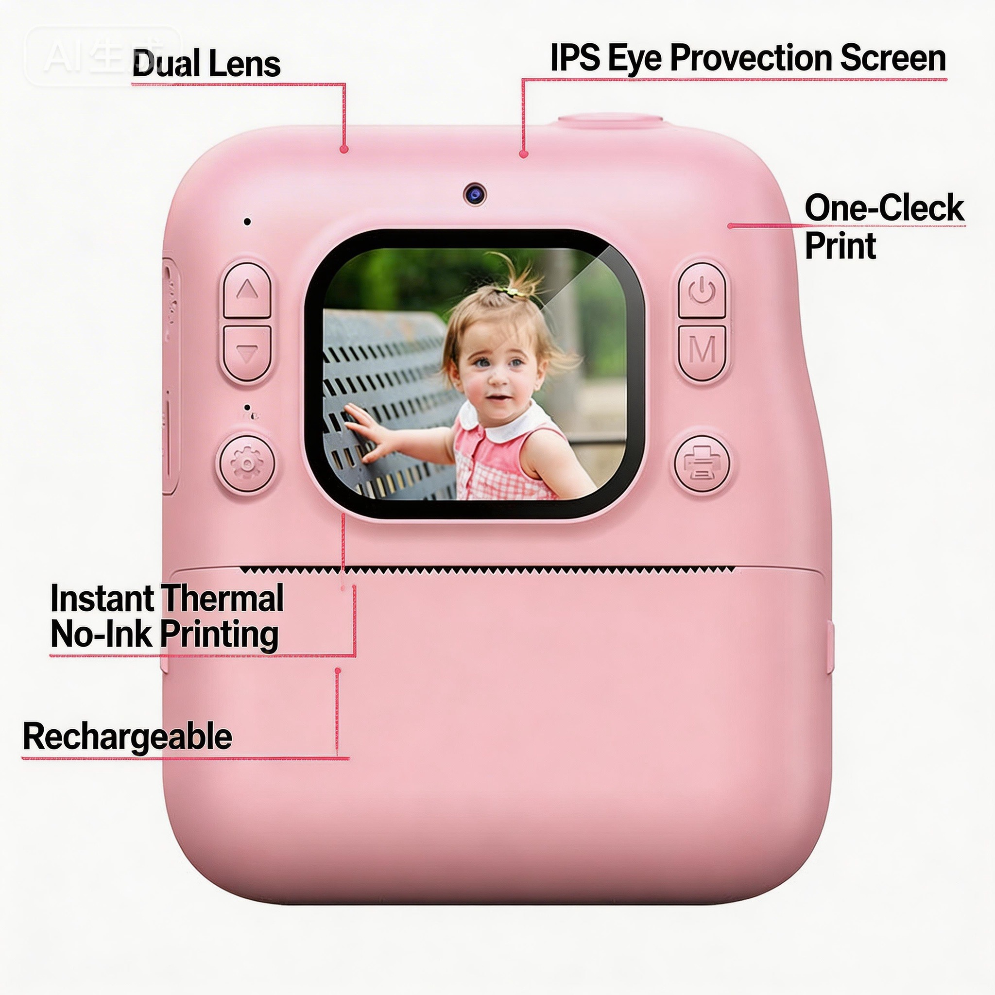 Kids Polorid Camera Full HD CCD Instant Print Thermal Paper Printing Selfie Flash Eye Protection IPS Screen 120 Wide Angle 3