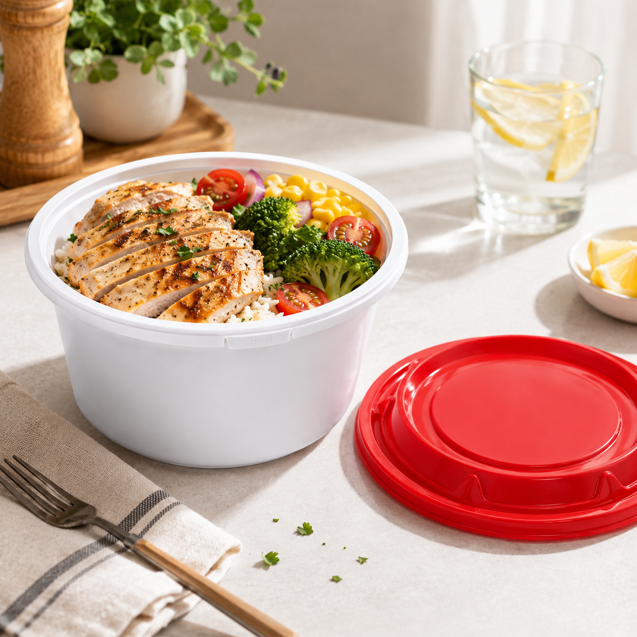Snap Lock Wide PP Food Storage Bowl 1288ml with Red Secure Lid