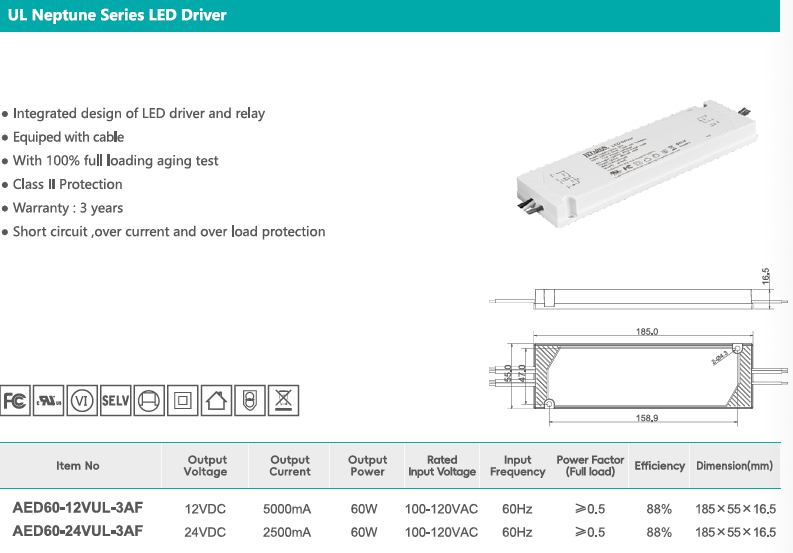 Over Current Protected 60W UL LED Power Supply with Defogger Relay Control