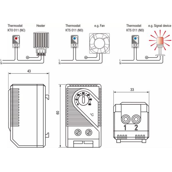KTO 011 Thermostatic Bimetal Thermostat NC Heating NO Cooling Small Compact