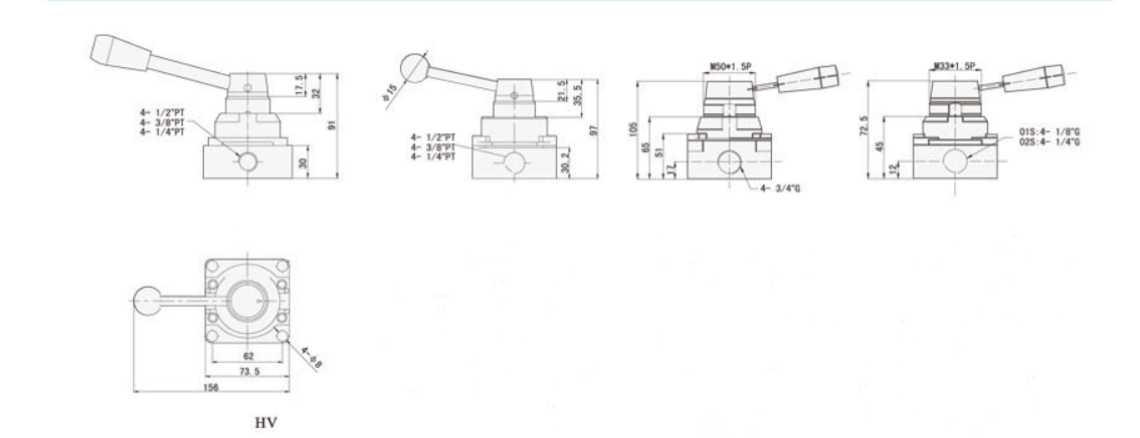HV-02, HV-03, HV-04, HV400-02, HV400-03, HV400-04 Sunrise Nielsen HV Series 4/3 way Hand Rotary Valve 1/4