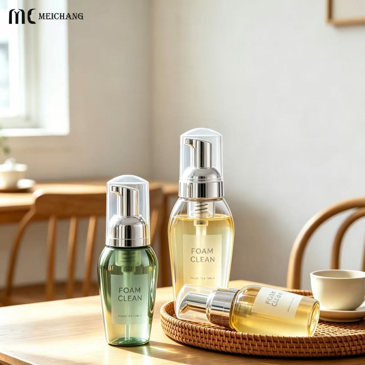 Custom PET Foaming Pump Bottle with Clear Protective Cap, 50ml & 80ml Special-Shaped Foam Pump Bottle（MC-1808）