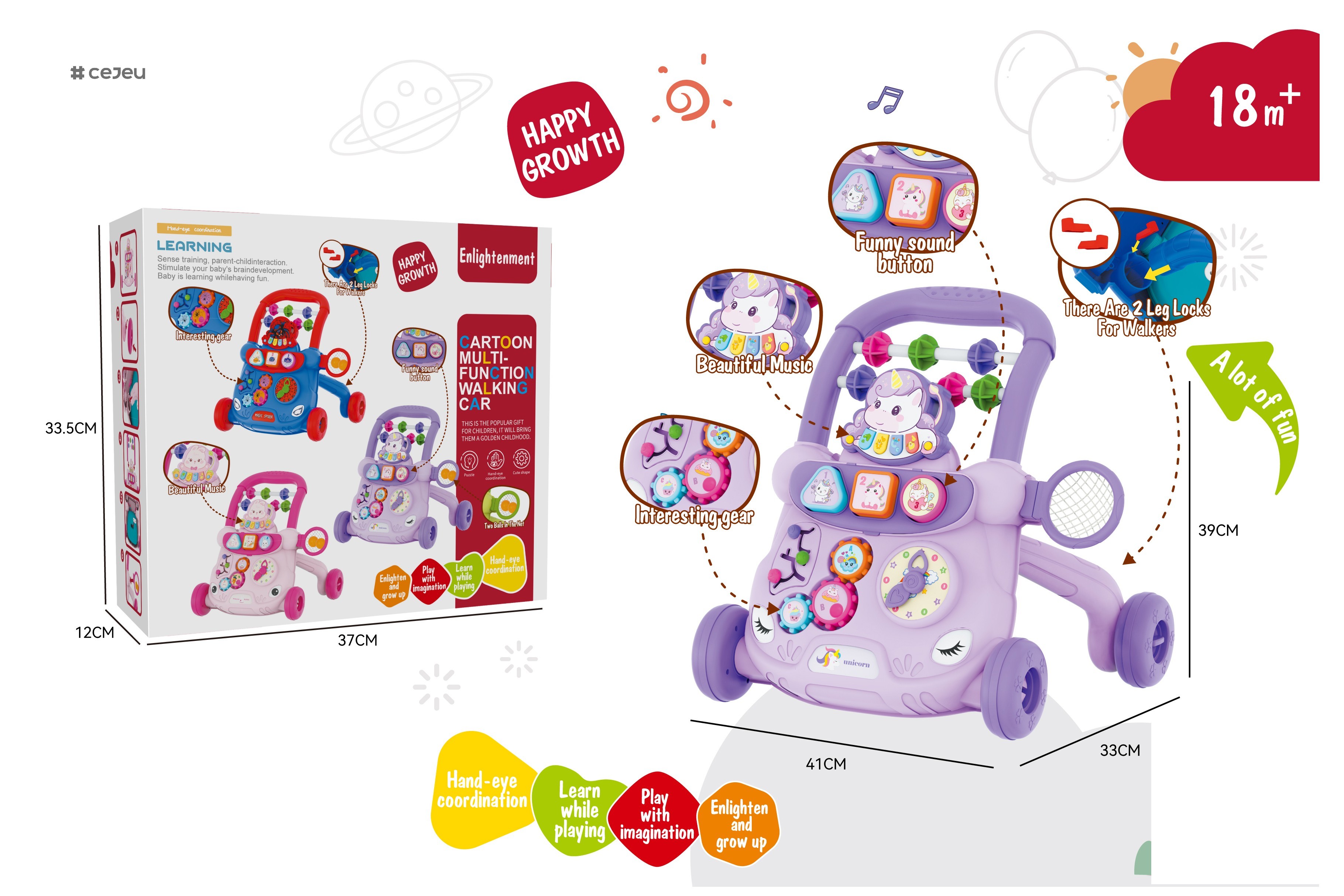 CJ-HW-368-118 New Style Toddler Plastic Baby Walker Stand-up Toys with Musical Cartoon Feature Activity Walkers