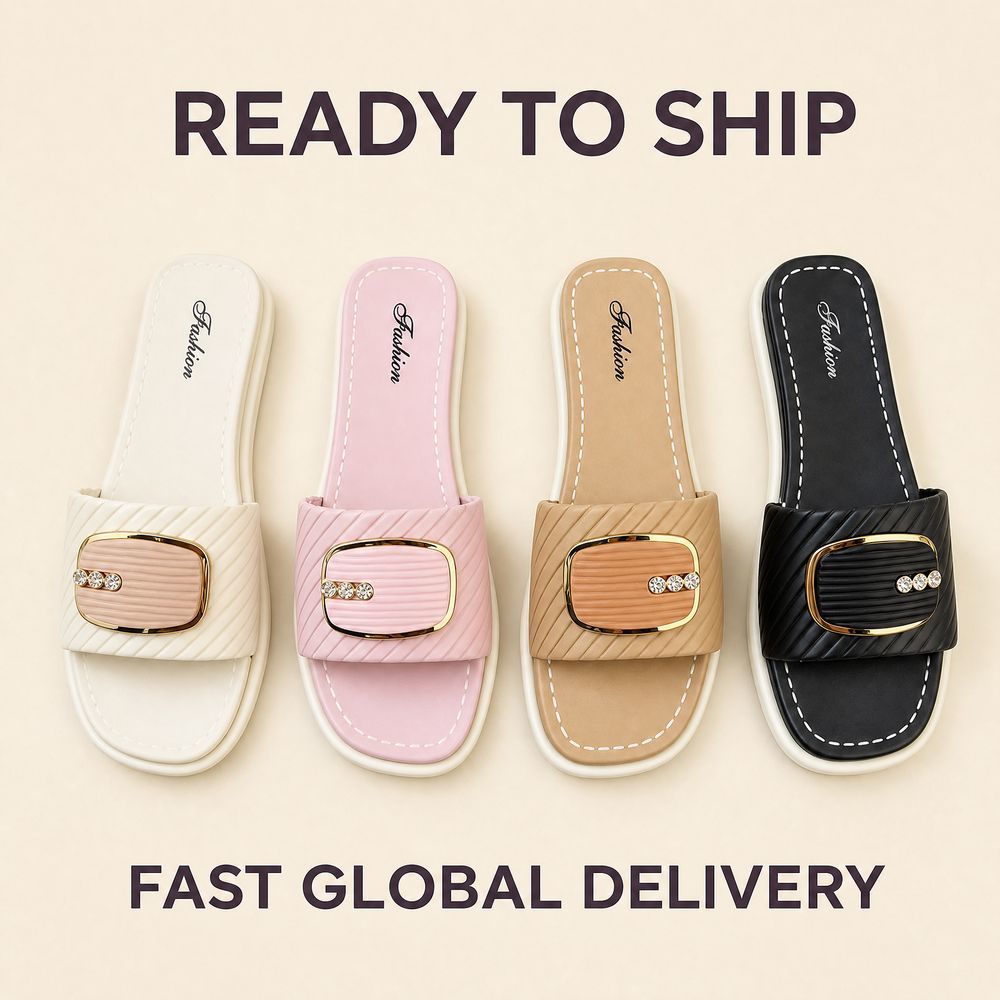 Ribbed Single Band Slides with Gold Ornament Buckle | Source Factory Supply