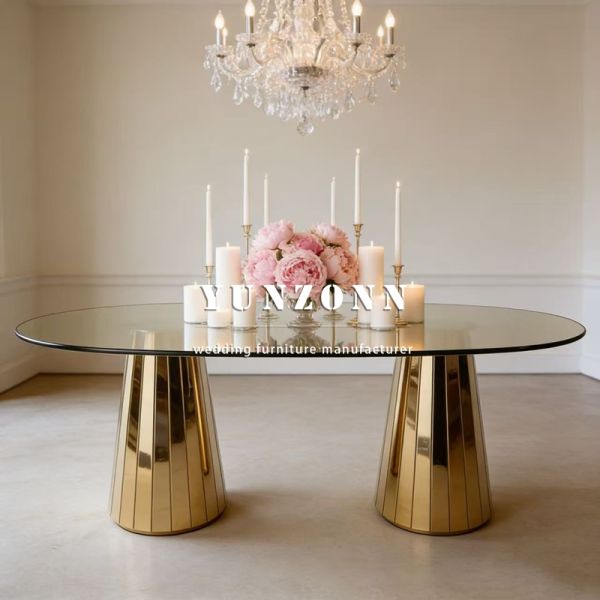 Gold Stainless Steel Dining Table and Chairs Set Glass Top Wedding Furniture for Hotel Use