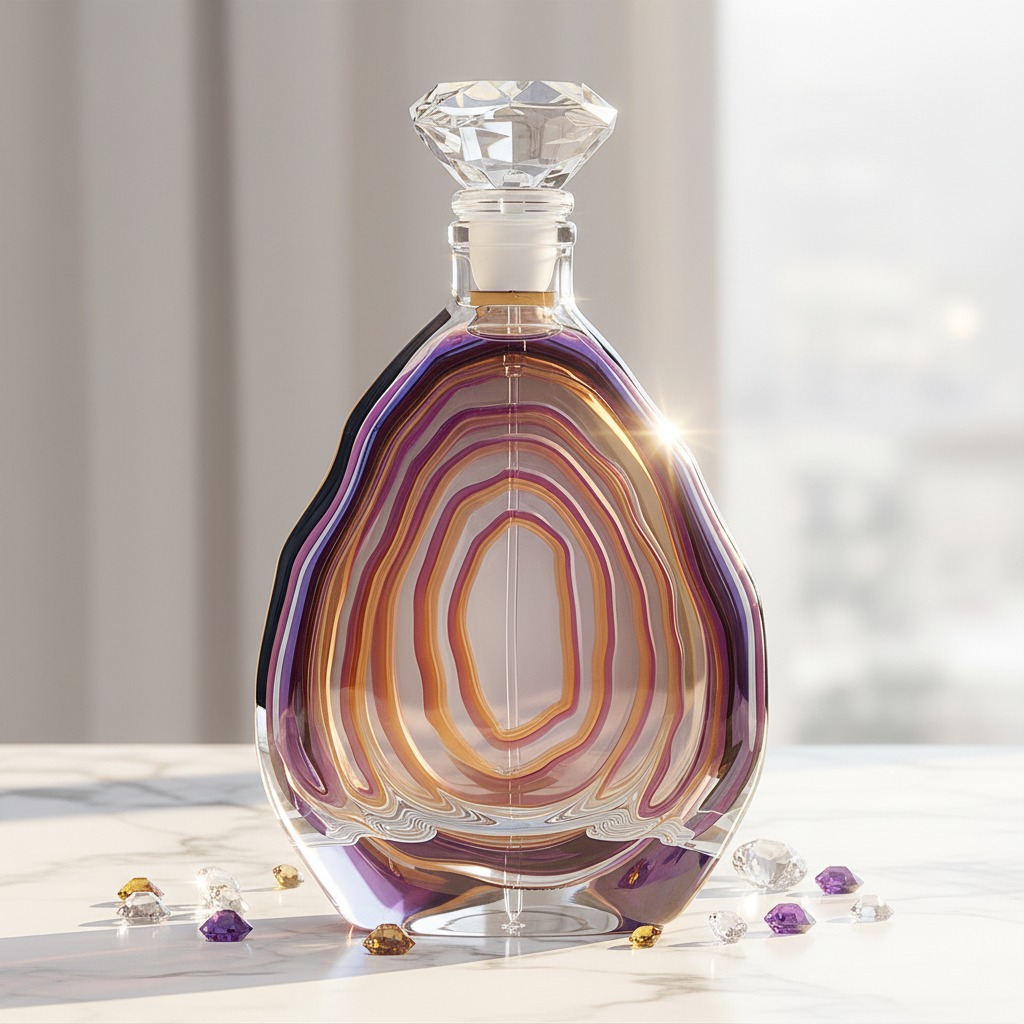 Custom Luxury 500ml Super Flint Glass Whiskey Bottle With Electroplated Annual Ring Design Crystal Cap