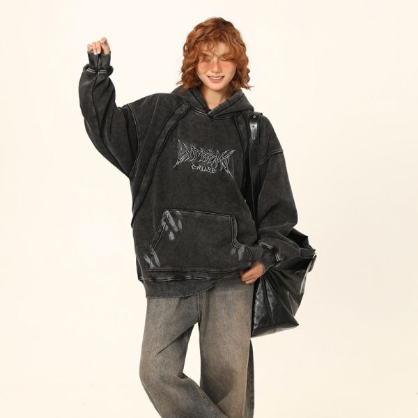 Black Acid Washed Washed Vintage Oversized Unisex Polyester/Cotton Fleece Pullover Hoodie Winter Pocket Windproof Breathable