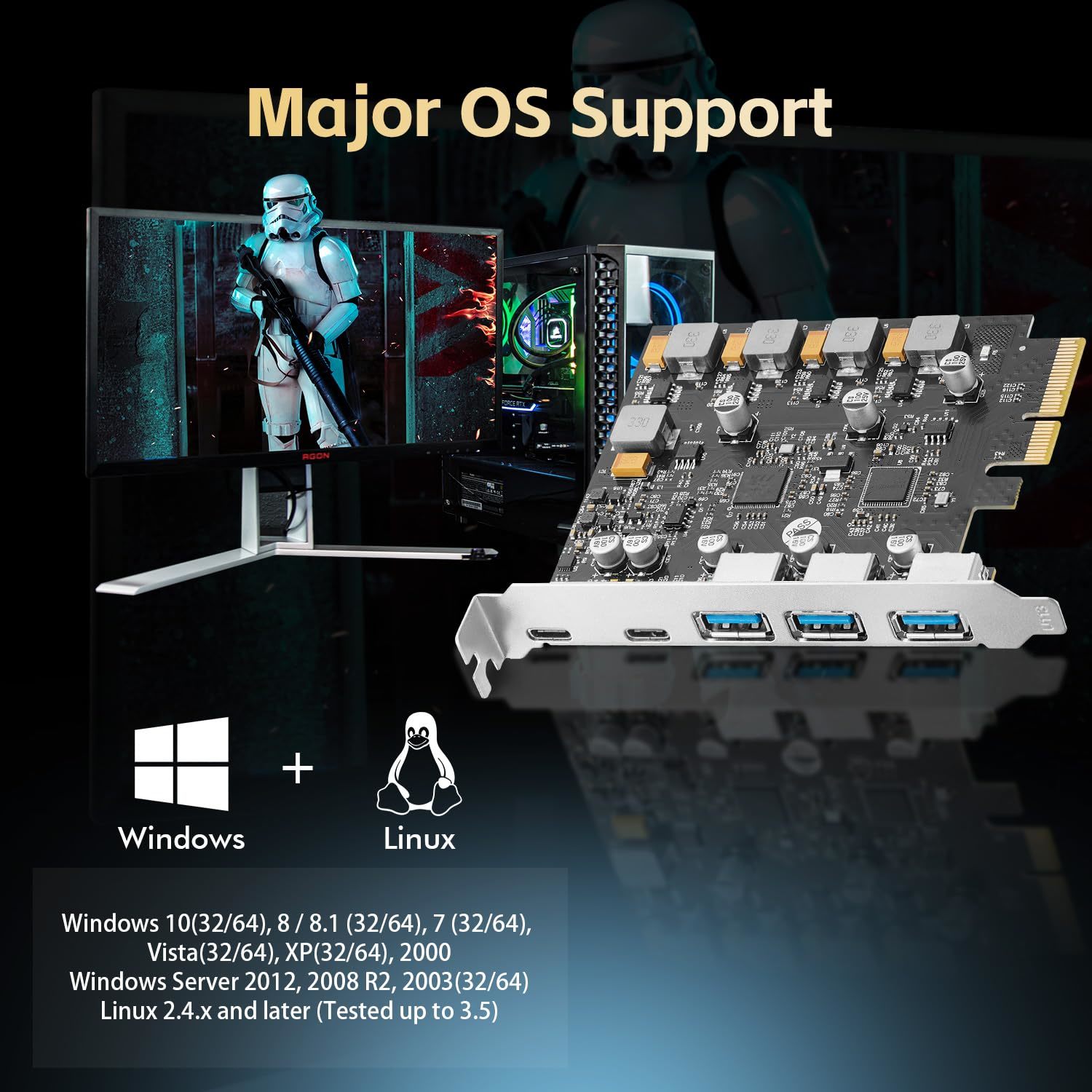 Black PCIe To USB Card 5 Ports PCI Express X4 Adapter USB 3.2 Gen 2 Dual USB C Triple USB A