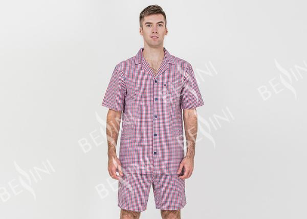 Cool Mens Button Up Pyjamas Woven Cotton Yarn Dyed Check Short Sleeve Shirt