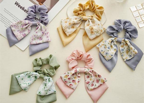 Floral double bow scrunchie girls lady rubber band high appearance horizontal tie hair rope streamer headstring
