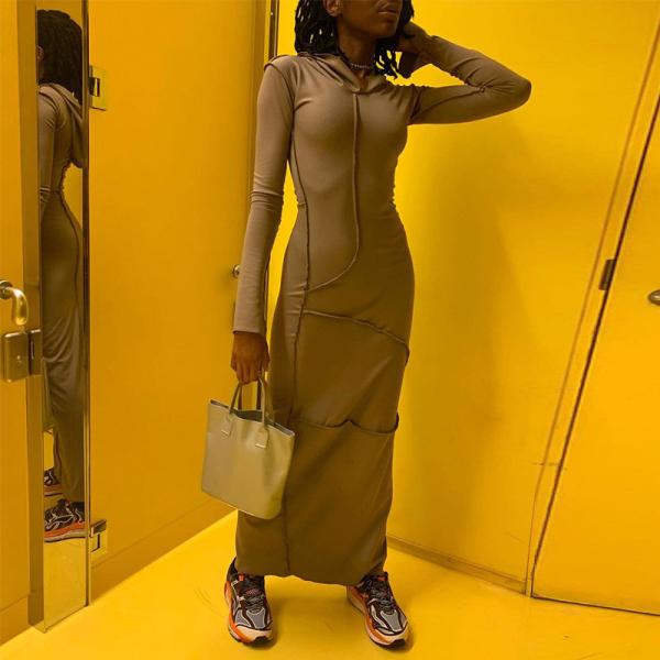 Casual Slim Fit Anti Wear Long Sleeve Hooded Maxi Dress For Fall Winter