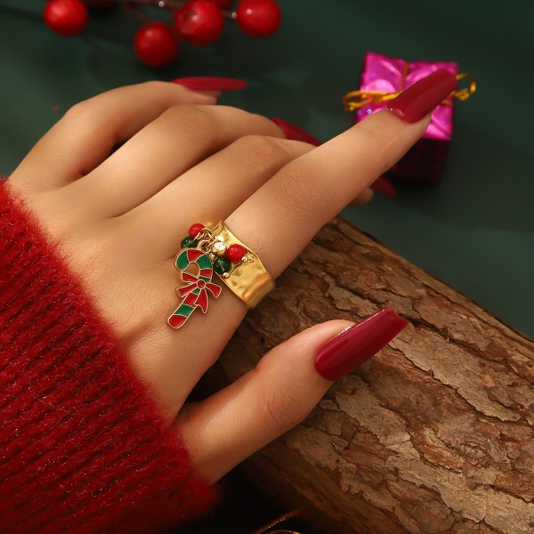 Fashion Popular Stainless Steel Enamel Christmas Tree Stocking Reindeer Snowflake Jewelry Rings 18k Gold Plated Adjustable Ring