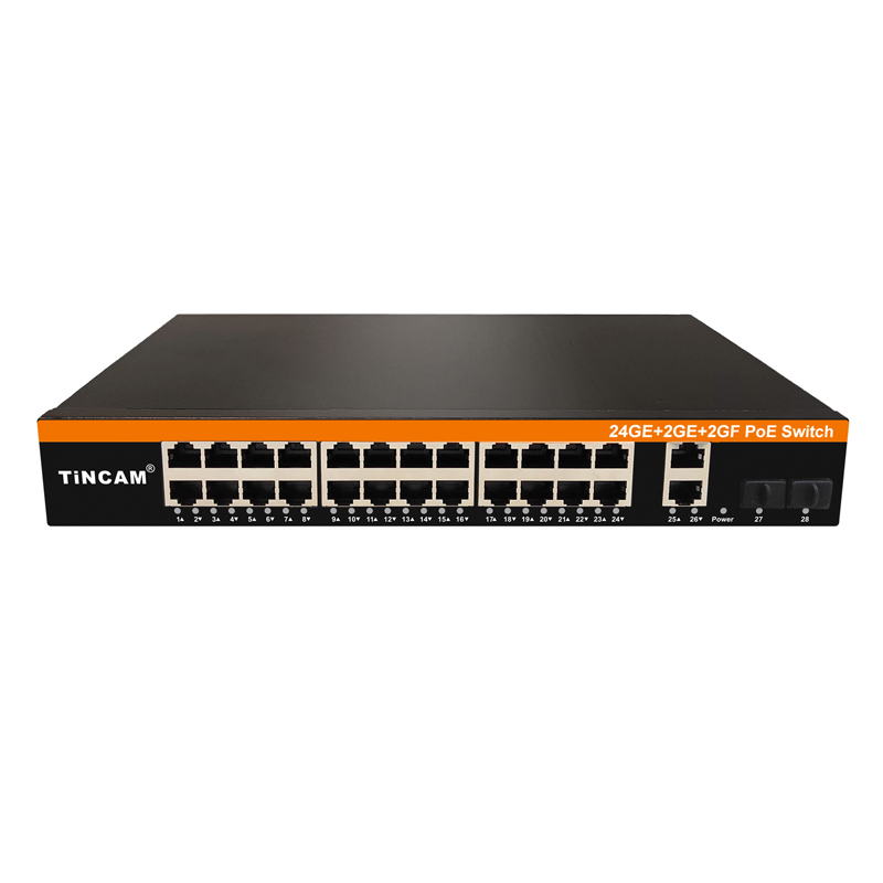 24 Port Gigabit PoE Switch 28-Port Ethernet Switch with 24 PoE+ Ports 2 Gigabit RJ45 Uplink 2 Gigabit SFP Slots IEEE 802.3af/at 200W or 300W Rackmount TBC-PS5124N-4PF