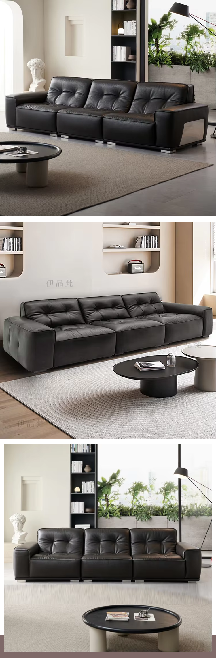 Black Diamond PU Leather Three Seat Sofa L-Shape Villa Basement Living Room High-End Stylish High-Back Sponge Filling Maxky