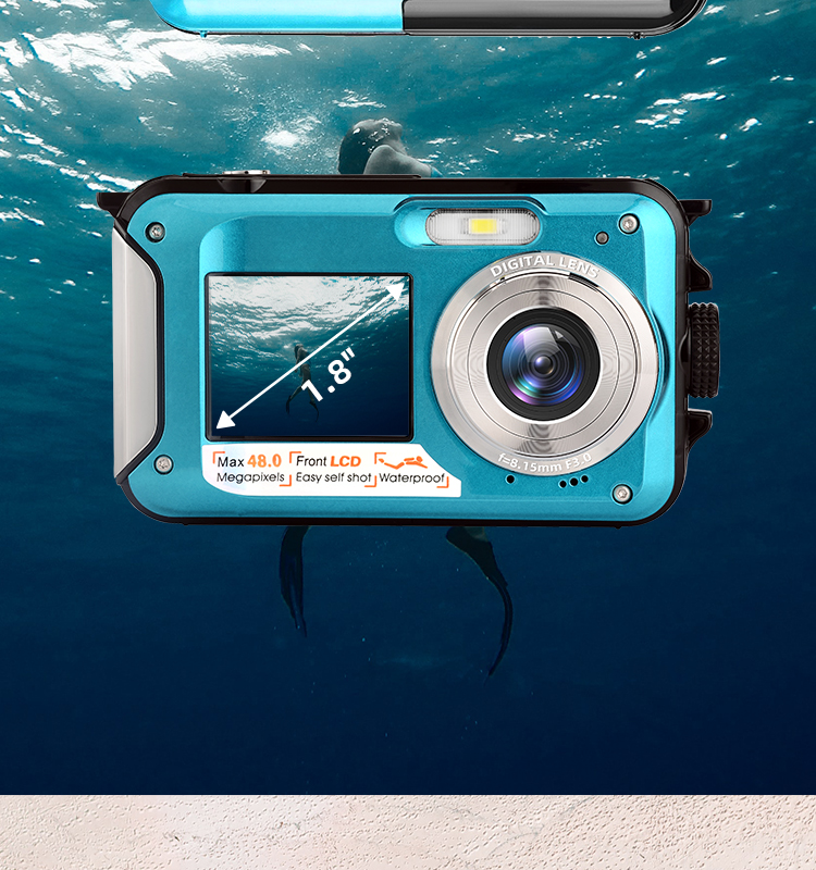 2.7K  Waterproof Camera 2.7+1.8 Inch Screen 16X Digital Zoom 13FT Underwater Anti-Shake Snorkeling Swimming and Diving Camera