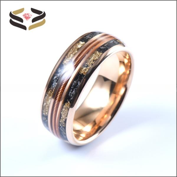 Anillo de la banda de boda de tungsteno para hombres 8mm Oro rosa con tripla guitarra de cuerdas de canal Meteorito de oro incrustación de papel
