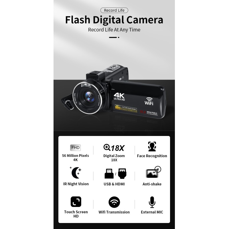Video Camera Camcorder 4K UHD WiFi Vlogging Camera for YouTube Touch Screen DV Camera Recorder