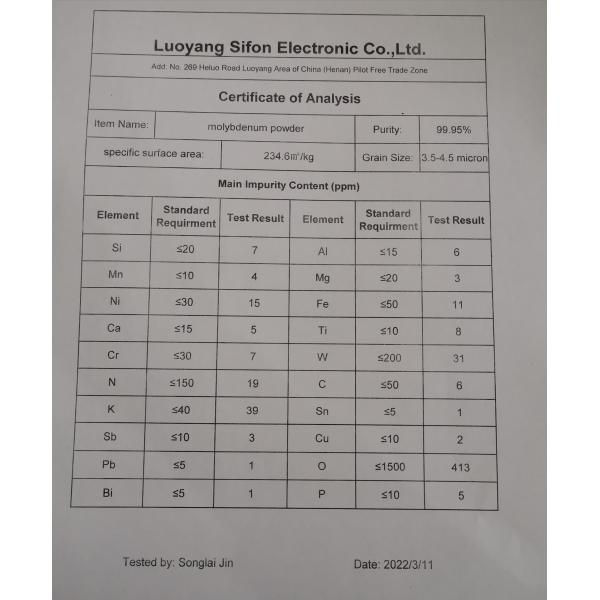 Metalurge Sintering Molybdenum Metal Powder High Purity 99.95%