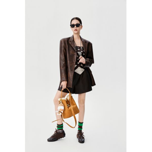 Autumn Style Tie Dye PU Leather Jacket , Dark Brown High Waisted Leather Shorts