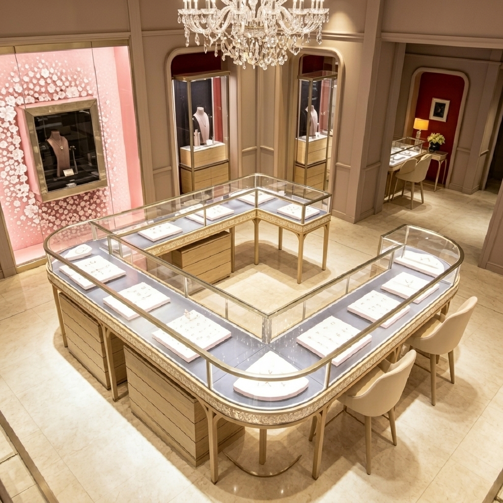 Luxury Champagne Gold LED Eco-Friendly Jewelry Store Interior Design Complete Turnkey Fixture Package U-Shaped Central Showcase