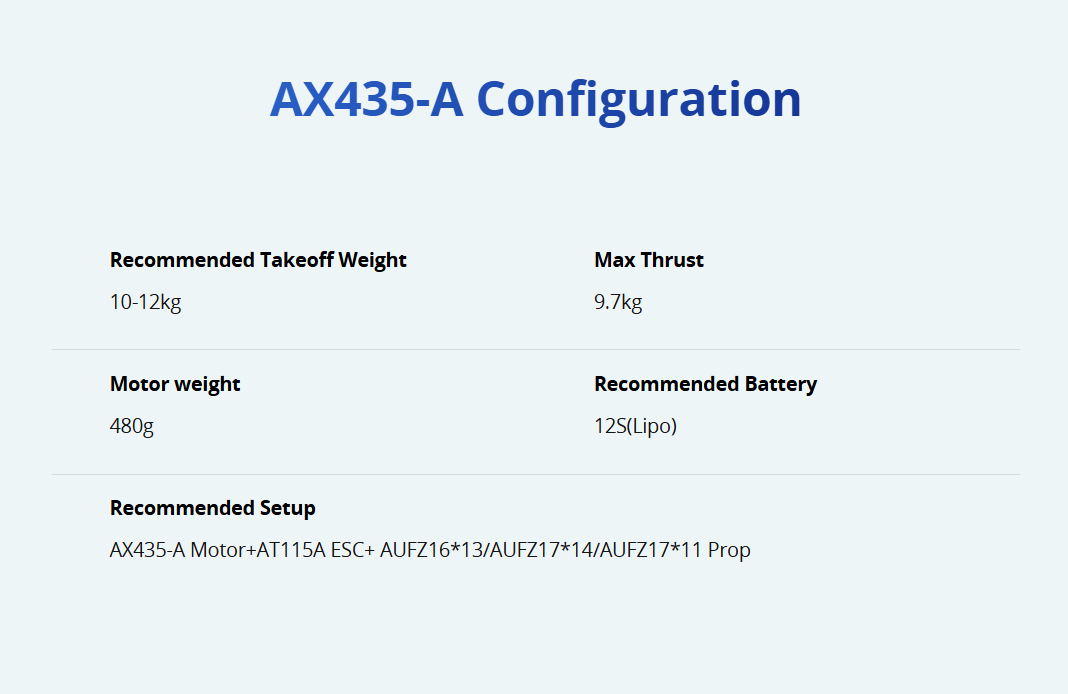Ax435-a 12s T-Motor Fixed Wing Cruise With 9.7kg Thrust Recommended Takeoff Weight 10- Bldc
