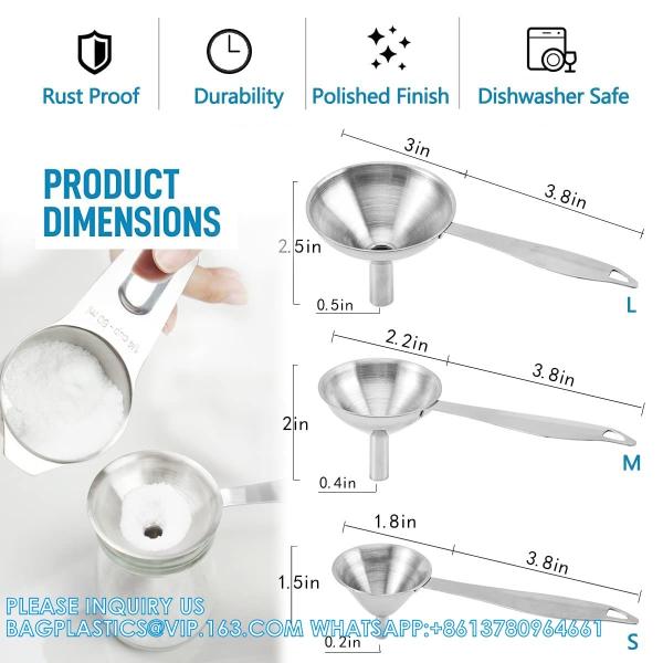 Funnels For Filling Bottles, 3 Pcs Stainless Steel Kitchen Funnel Set With Long Handle, Food Grade Mini Metal Funnel