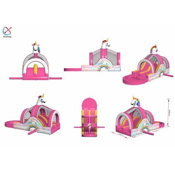 Custom Unicorn Theme Inflatable Double Slide Commercial Pink Inflatable Slide Kids