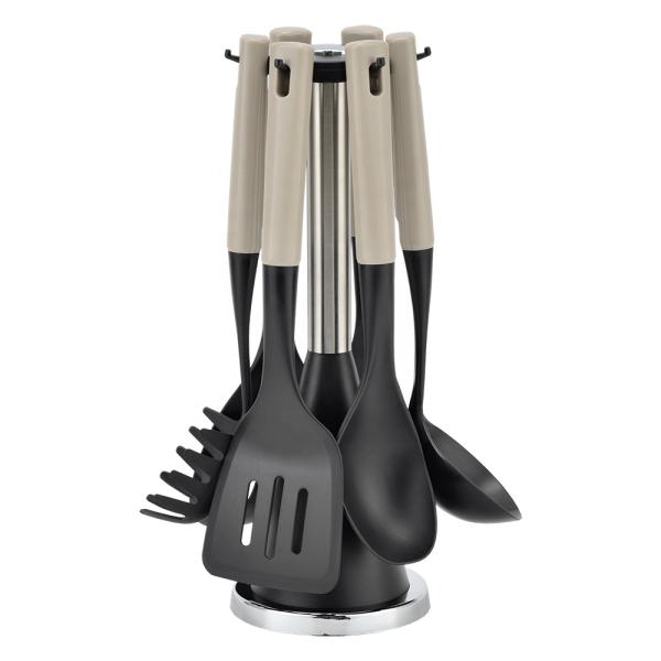 7-Piece Plastic Kitchen Utensils Set with Colorful Handle ABS and Wooden Effect Material