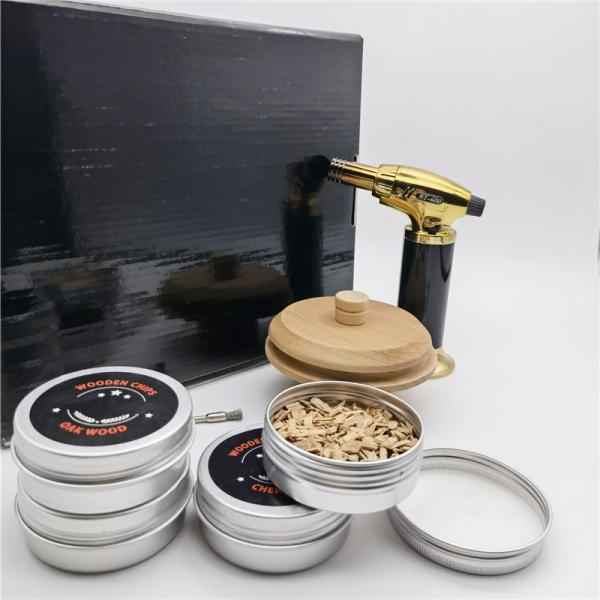 Nuevo diseño Kit de coctel de madera de fumar con antorcha personalizar Kit de coctel de whisky de fumar con hojas de madera cuchara