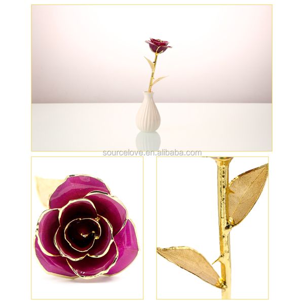 24k Gold Trimmed Purple Rose with Gold Leaf Girlfriend Gift 24k Gold Plated Natural Rose for Valentine's , Mother's Day Gifts