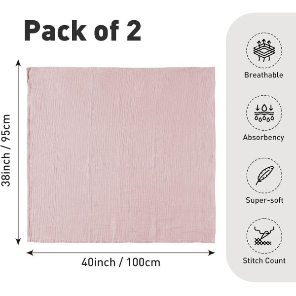 Muslin Swaddle Blankets for Girls, 2-Pack Organic Baby Blankets 40 x 38 inches