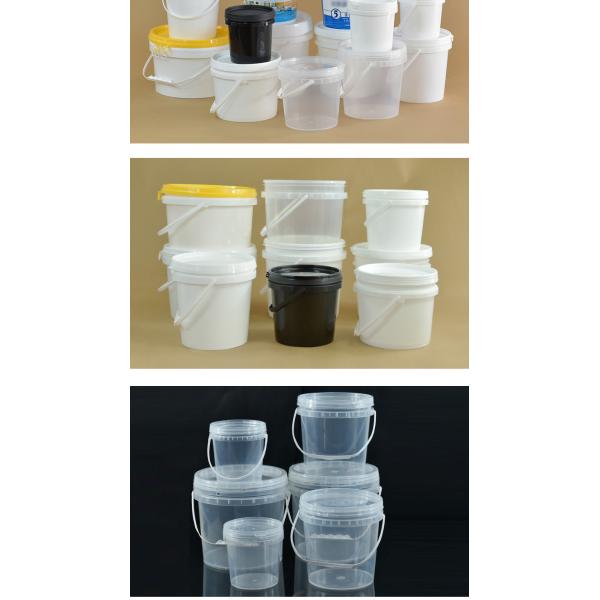 Поставленная круглая пластиковая ведра объемом 4 л для упаковки химической жидкости и образца