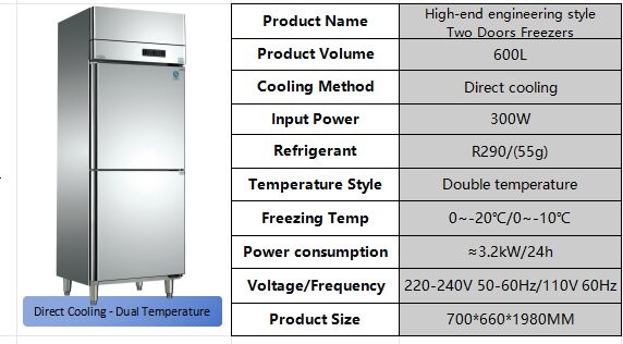 600L 2 Door Commercial Freezer Direct Cooling Dual Temperature Refrigerator Freezer