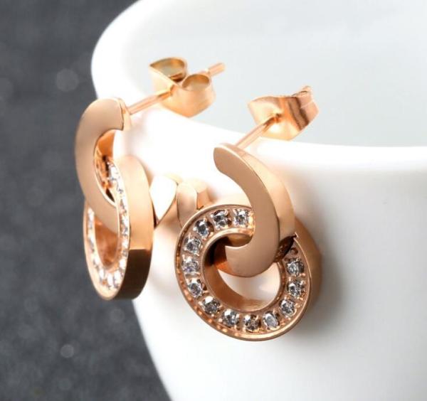 Diamond Necklace Jewelry Set, Double Ring Drop Earring with Diamond, Rose Golden Stud Jewelry