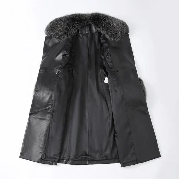                  Winter Fox Fur Collar Cuffs Women Long Leather Jacket Black Genuine Sheepskin Trench Leather Fur Coats for Ladies             