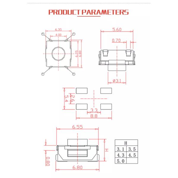 Штыри 6x6 AC250V переключателя 4 тактичности кнопки силикона тела PPA мини