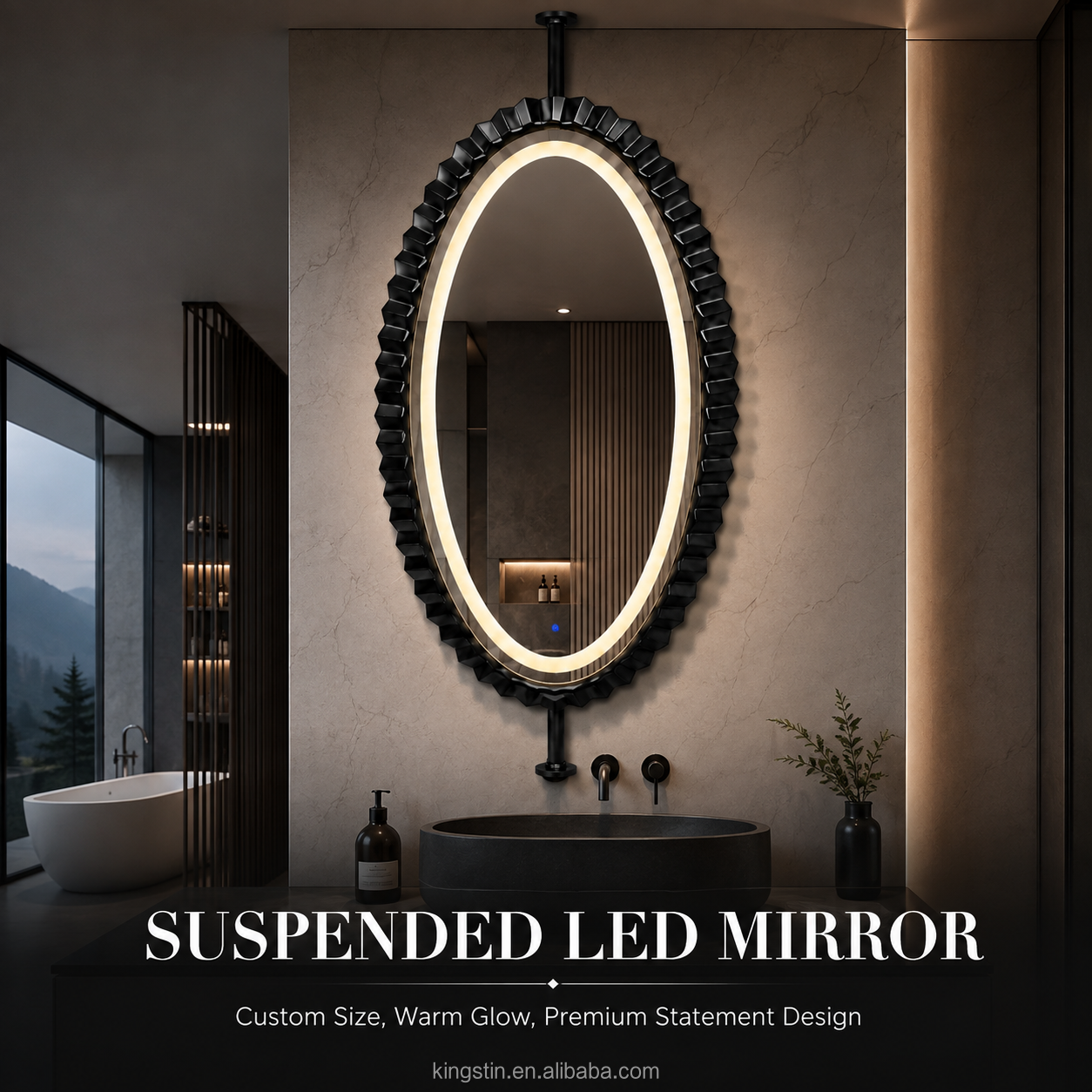 Kingstin Luxury Floating Suspended LED Mirror with Custom Size Black Stainless Steel Frame for Modern Bathrooms Hotel and Villas