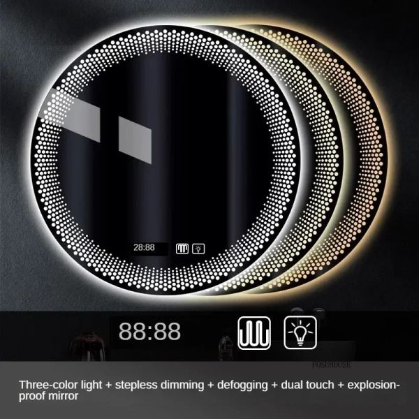 Simple flameproof Led Smart Touch Screen Anti-fog Round Sensor Mirror with Light(WH-MR-101)